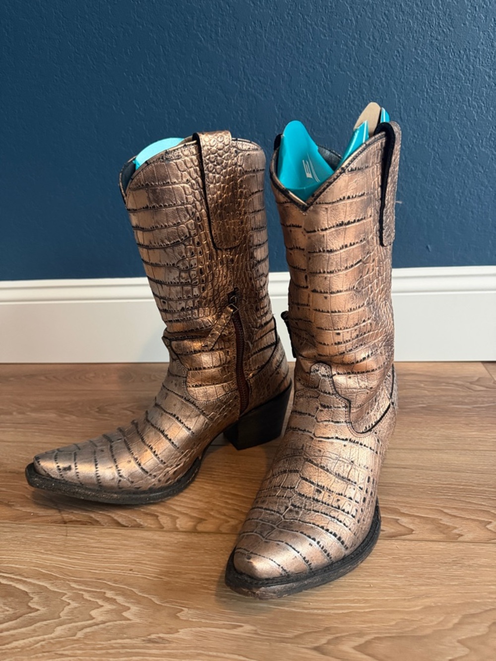 Metallic Croc-Embossed Cowboy Boots - Bronze